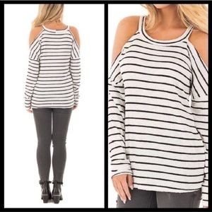 Black and white striped cold shoulder top